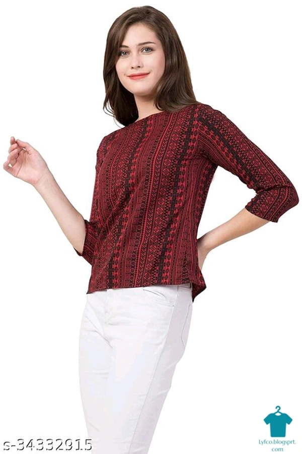 Product Name: *Trendy Graceful Women Tops & Tunics*Fabric: CrepeSleeve Length: Three-Quarter SleevesPattern: PrintedMultipack: 1 - size- L