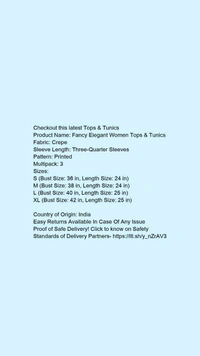 Product Name: *Fancy Elegant Women Tops & Tunics*Fabric: CrepeSleeve Length: Three-Quarter SleevesPattern: PrintedMultipack: 3 - size- S