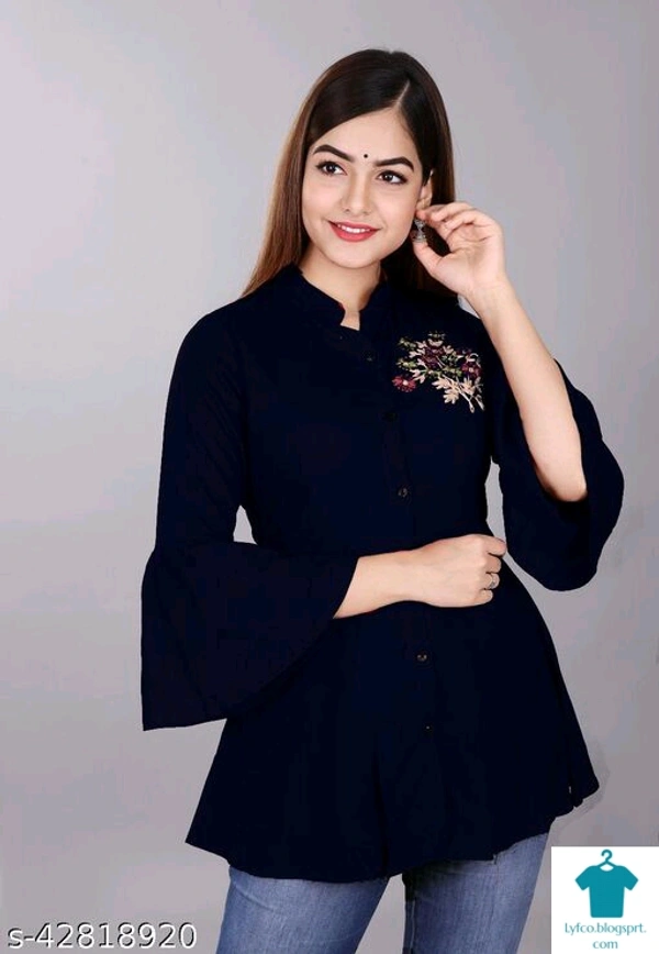 Product Name: *Pretty Elegant Women Tops & Tunics*Fabric: RayonSleeve Length: Three-Quarter SleevesPattern: EmbroideredMultipack: 1 - size- S