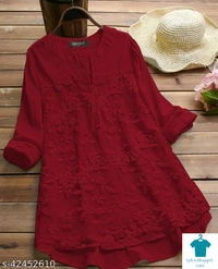 Product Name: *Pretty Designer Women Tops & Tunics*Fabric: CottonSleeve Length: Three-Quarter SleevesPattern: EmbroideredMultipack: 1 - size- L, colour-  Dark red