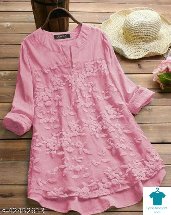 Product Name: *Pretty Designer Women Tops & Tunics*Fabric: CottonSleeve Length: Three-Quarter SleevesPattern: EmbroideredMultipack: 1 - size- L, colour-  Dark red