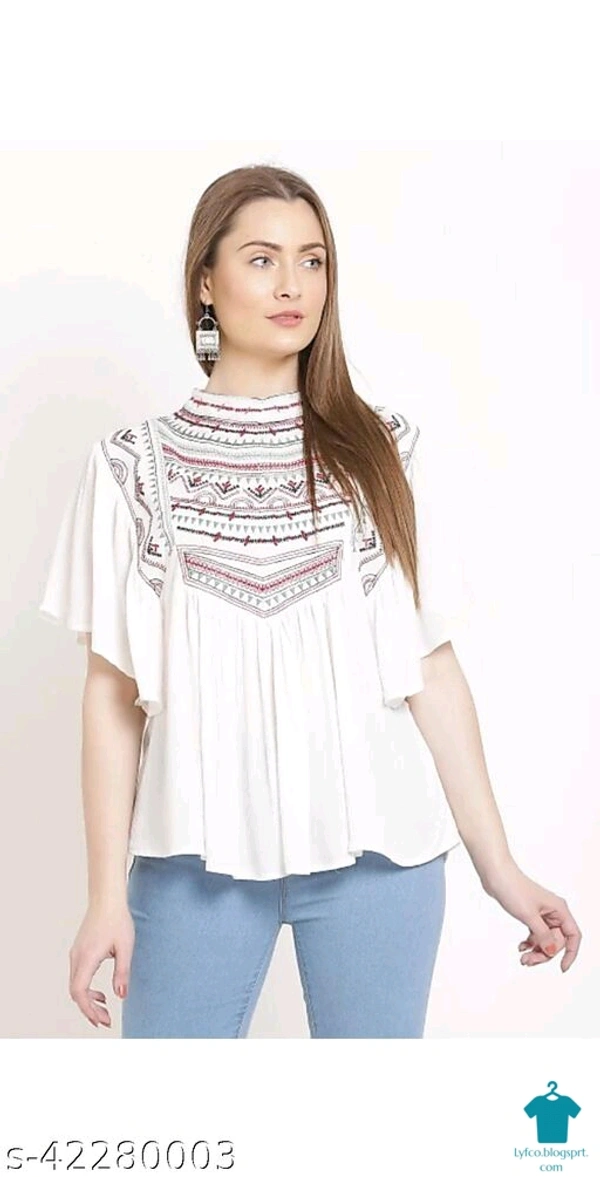 Product Name: *Trendy Glamorous Women Tops & Tunics*Fabric: RayonSleeve Length: Three-Quarter SleevesPattern: EmbroideredMultipack: 1 - size- S