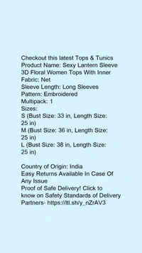 Product Name: *Sexy Lantern Sleeve 3D Floral Women Tops With Inner*Fabric: NetSleeve Length: Long SleevesPattern: EmbroideredMultipack: 1 - size- S
