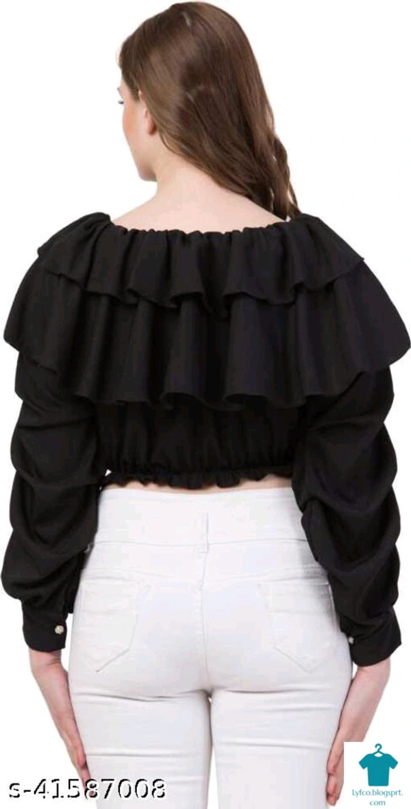 Product Name: *MJ Fashion|| Casual Off Shoulder Ruffle Top For Women*Fabric: Poly CrepeSleeve Length: Long SleevesPattern: SolidMultipack: 1 - size- L