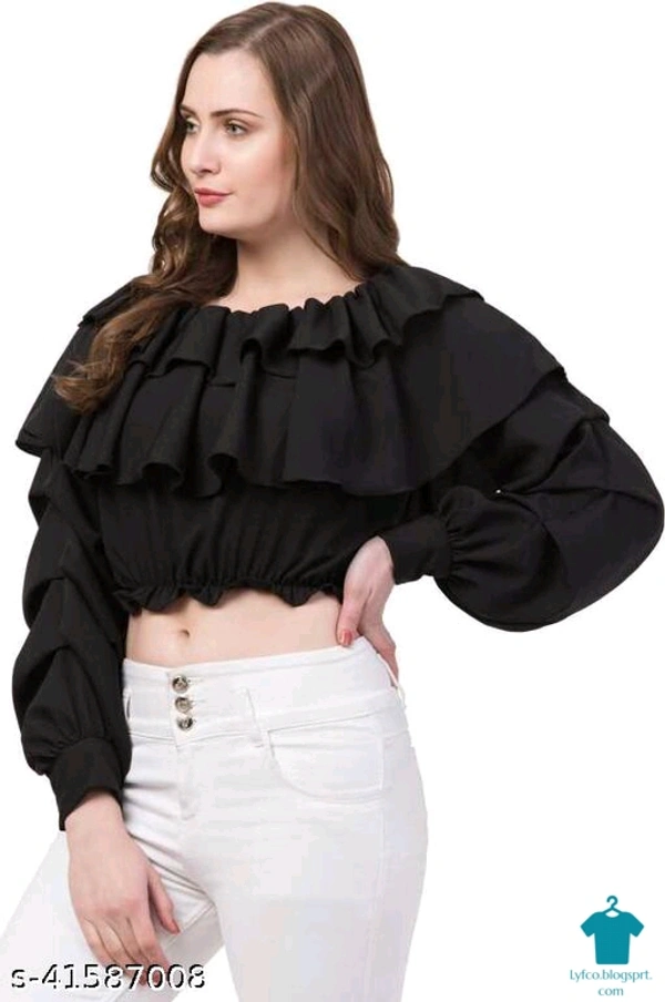 Product Name: *MJ Fashion|| Casual Off Shoulder Ruffle Top For Women*Fabric: Poly CrepeSleeve Length: Long SleevesPattern: SolidMultipack: 1 - size- L