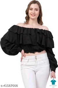 Product Name: *MJ Fashion|| Casual Off Shoulder Ruffle Top For Women*Fabric: Poly CrepeSleeve Length: Long SleevesPattern: SolidMultipack: 1 - size- L