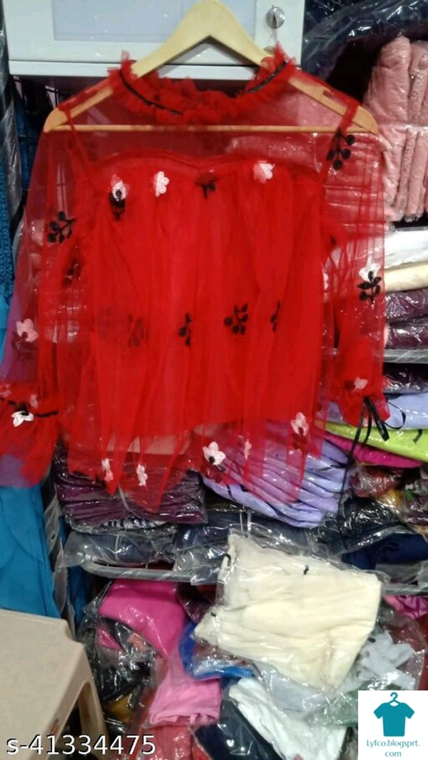 Product Name: *Fancy Feminine Women Tops & Tunics*Fabric: NetSleeve Length: Three-Quarter SleevesPattern: EmbroideredMultipack: 1 - size- S