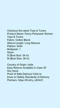 Product Name: *Fancy Partywear Women Tops & Tunics*Fabric: Cotton BlendSleeve Length: Long SleevesPattern: SolidMultipack: 1 - size- S