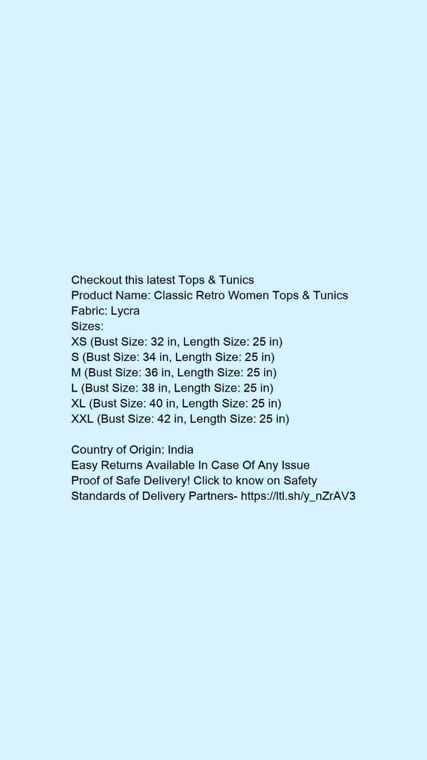 Product Name: *Classic Retro Women Tops & Tunics*Fabric: Lycra - colour- Dark red, size- XS