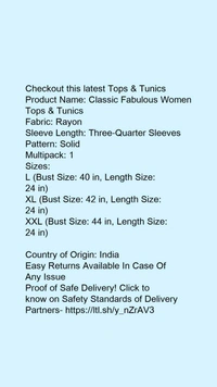 Product Name: *Classic Fabulous Women Tops & Tunics*Fabric: RayonSleeve Length: Three-Quarter SleevesPattern: SolidMultipack: 1 - colour- Dark blue