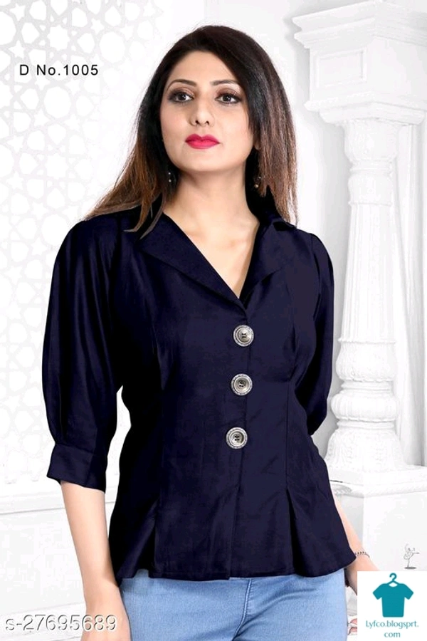 Product Name: *Classic Fabulous Women Tops & Tunics*Fabric: RayonSleeve Length: Three-Quarter SleevesPattern: SolidMultipack: 1 - colour- Dark blue
