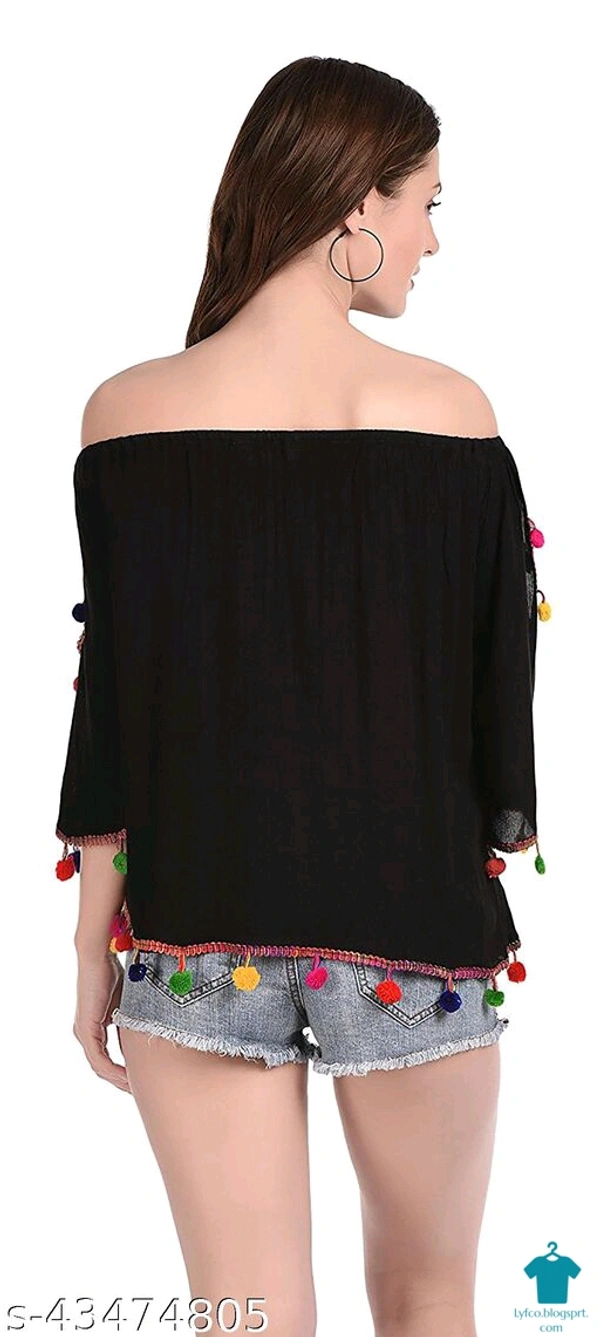 Product Name: *DAMEN MODE Women Rayon Crepe Pom Pom Cutwork Peach Top*Fabric: CrepeSleeve Length: Long SleevesPattern: SolidMultipack: 1 - colour- Black, Free Size (Bust Size: 21 in, Length Size: 22 in) 