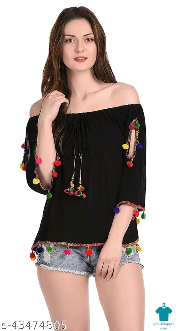 Product Name: *DAMEN MODE Women Rayon Crepe Pom Pom Cutwork Peach Top*Fabric: CrepeSleeve Length: Long SleevesPattern: SolidMultipack: 1 - colour- Black, Free Size (Bust Size: 21 in, Length Size: 22 in) 