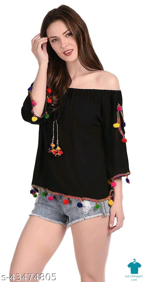 Product Name: *DAMEN MODE Women Rayon Crepe Pom Pom Cutwork Peach Top*Fabric: CrepeSleeve Length: Long SleevesPattern: SolidMultipack: 1 - colour- Black, Free Size (Bust Size: 21 in, Length Size: 22 in) 