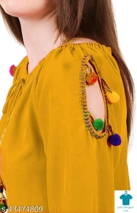 Product Name: *DAMEN MODE Women Rayon Crepe Pom Pom Cutwork Peach Top*Fabric: CrepeSleeve Length: Long SleevesPattern: SolidMultipack: 1 - colour- Black, Free Size (Bust Size: 21 in, Length Size: 22 in) 