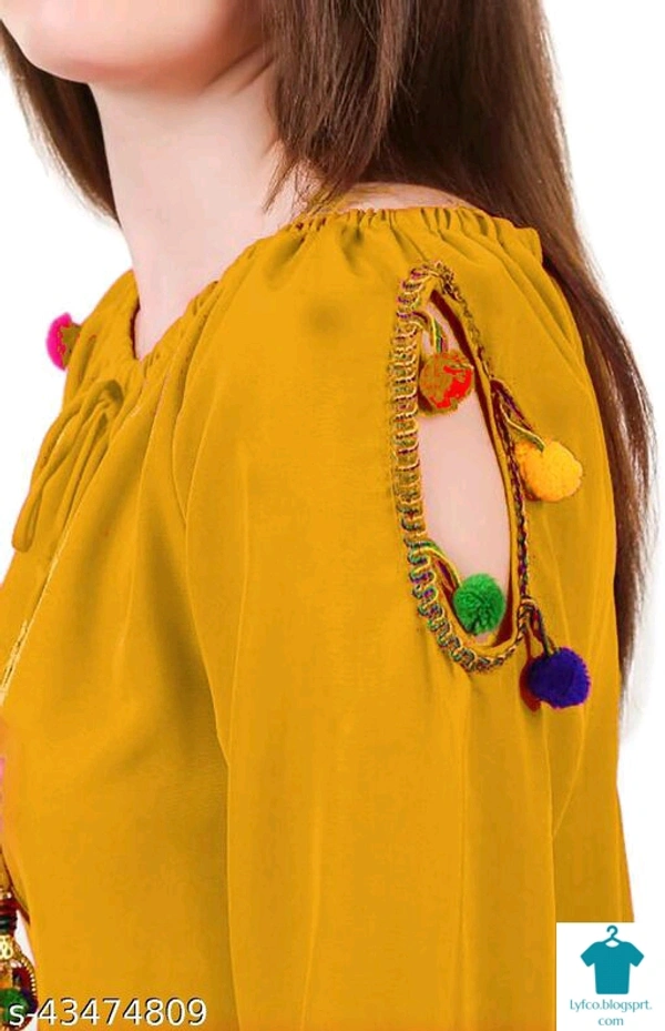 Product Name: *DAMEN MODE Women Rayon Crepe Pom Pom Cutwork Peach Top*Fabric: CrepeSleeve Length: Long SleevesPattern: SolidMultipack: 1 - colour- Black, Free Size (Bust Size: 21 in, Length Size: 22 in) 