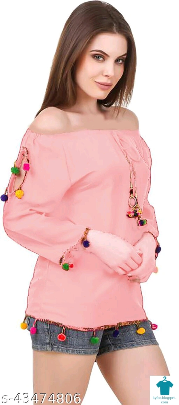 Product Name: *DAMEN MODE Women Rayon Crepe Pom Pom Cutwork Peach Top*Fabric: CrepeSleeve Length: Long SleevesPattern: SolidMultipack: 1 - colour- Black, Free Size (Bust Size: 21 in, Length Size: 22 in) 