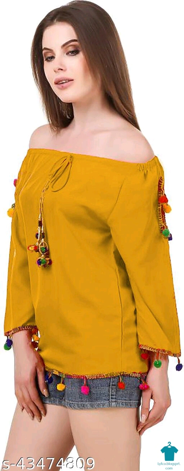 Product Name: *DAMEN MODE Women Rayon Crepe Pom Pom Cutwork Peach Top*Fabric: CrepeSleeve Length: Long SleevesPattern: SolidMultipack: 1 - colour- Black, Free Size (Bust Size: 21 in, Length Size: 22 in) 