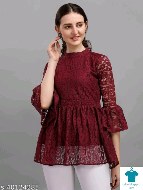 Product Name: *Trendy Partywear Women Tops & Tunics*Fabric: NetSleeve Length: Three-Quarter SleevesPattern: LaceMultipack: 1 - size- S, colour- Maroon