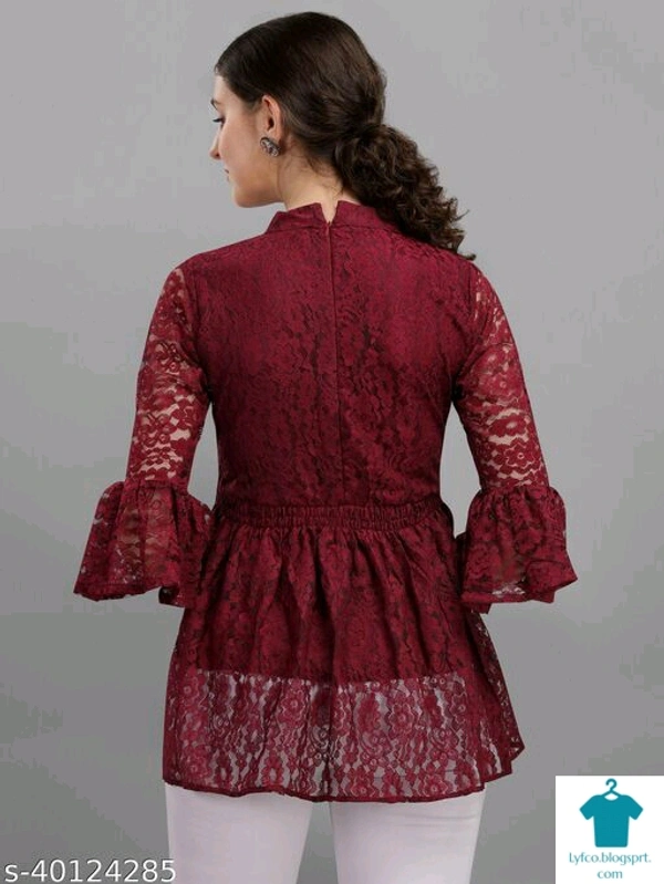 Product Name: *Trendy Partywear Women Tops & Tunics*Fabric: NetSleeve Length: Three-Quarter SleevesPattern: LaceMultipack: 1 - size- S, colour- Maroon