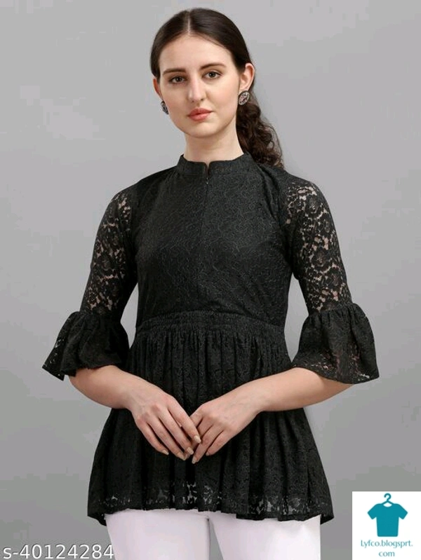 Product Name: *Trendy Partywear Women Tops & Tunics*Fabric: NetSleeve Length: Three-Quarter SleevesPattern: LaceMultipack: 1 - size- S, colour- Maroon