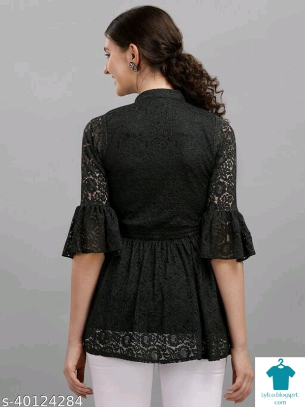 Product Name: *Trendy Partywear Women Tops & Tunics*Fabric: NetSleeve Length: Three-Quarter SleevesPattern: LaceMultipack: 1 - size- S, colour- Maroon