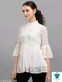 Product Name: *Trendy Partywear Women Tops & Tunics*Fabric: NetSleeve Length: Three-Quarter SleevesPattern: LaceMultipack: 1 - size- S, colour- Maroon