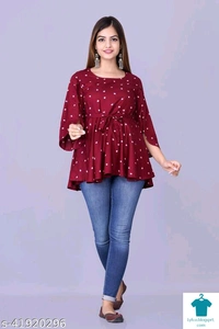 Product Name: *womens Rayon Printed top*Fabric: RayonSleeve Length: Three-Quarter SleevesPattern: PrintedMultipack: 1 - size- S