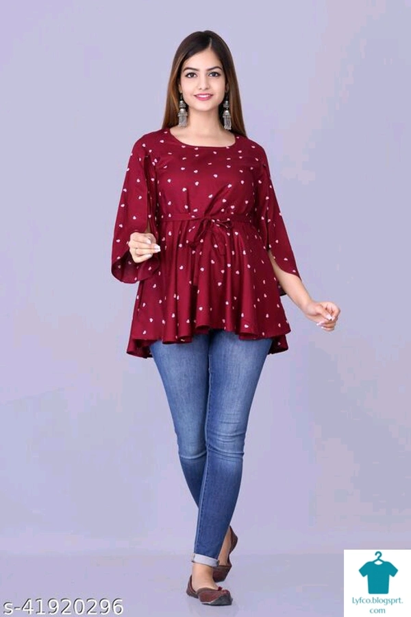 Product Name: *womens Rayon Printed top*Fabric: RayonSleeve Length: Three-Quarter SleevesPattern: PrintedMultipack: 1 - size- S