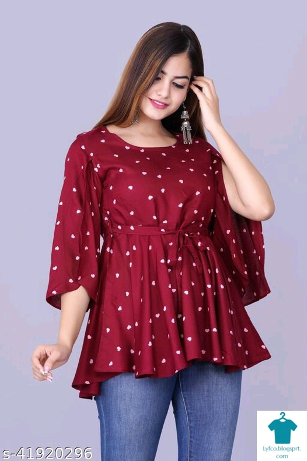 Product Name: *womens Rayon Printed top*Fabric: RayonSleeve Length: Three-Quarter SleevesPattern: PrintedMultipack: 1 - size- XL
