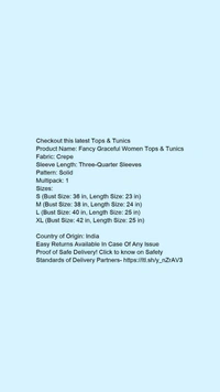 Product Name: *Fancy Graceful Women Tops & Tunics*Fabric: CrepeSleeve Length: Three-Quarter SleevesPattern: SolidMultipack: 1 - size- s