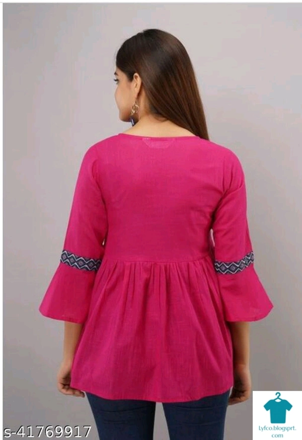 Product Name: *Women's Pure Cotton Casual 3/4 Sleeve Pink  Women Top, Casual Tunic Tops Tees for Girls*Fabric: CottonSleeve Length: Three-Quarter SleevesPattern: PrintedMultipack: 1 - size- M