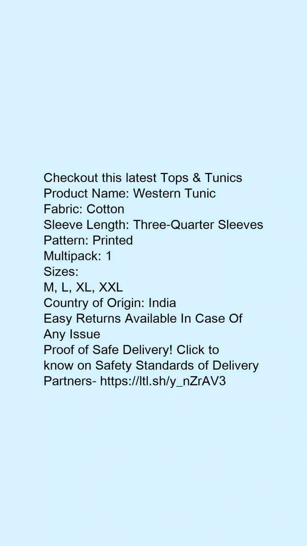 Product Name: *Western Tunic *Fabric: CottonSleeve Length: Three-Quarter SleevesPattern: PrintedMultipack: 1 - colour- Dark blue