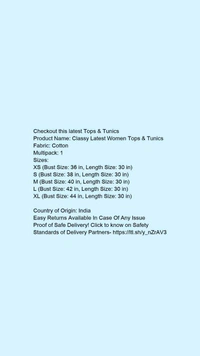 Product Name: *Classy Latest Women Tops & Tunics*Fabric: CottonMultipack: 1 - size- L