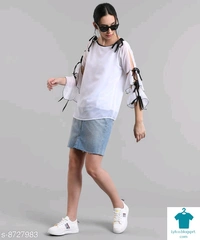 Product Name: *MASK+019 WHITE OFF SHOULDER KNOTES TOP*Fabric: GeorgetteSleeve Length: Three-Quarter SleevesPattern: SolidMultipack: 1 - size- XXL
