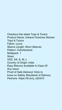 Product Name: *Urbane Feminine Women Tops & Tunics*Fabric: LycraSleeve Length: Short SleevesPattern: ColorblockedMultipack: 1 - size- M
