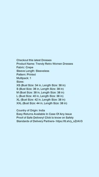 Product Name: *Trendy Retro Women Dresses*Fabric: CrepeSleeve Length: SleevelessPattern: PrintedMultipack: 1 - size- S