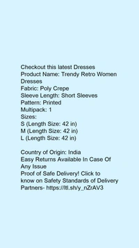 Product Name: *Trendy Retro Women Dresses*Fabric: Poly CrepeSleeve Length: Short SleevesPattern: PrintedMultipack: 1 - size- L