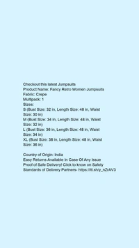 Product Name: *Fancy Retro Women Jumpsuits*Fabric: CrepeMultipack: 1 - size- S