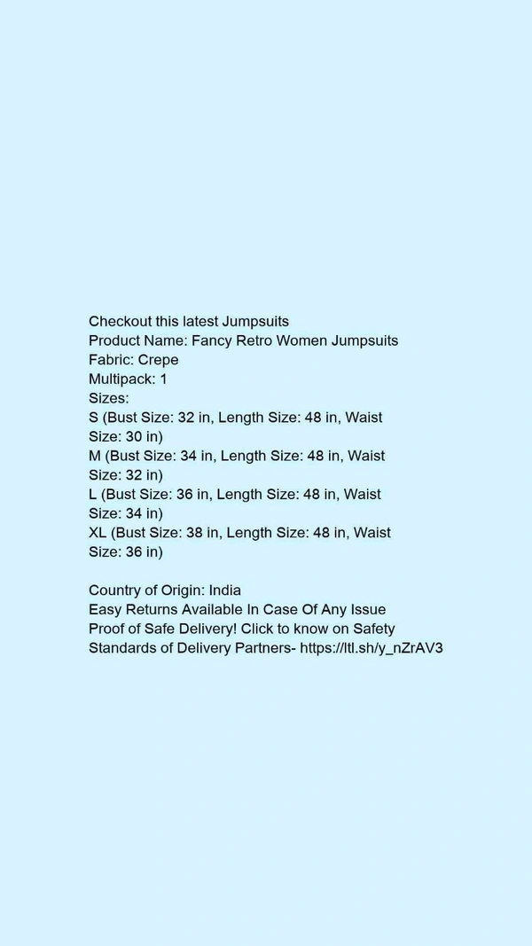Product Name: *Fancy Retro Women Jumpsuits*Fabric: CrepeMultipack: 1 - size- S