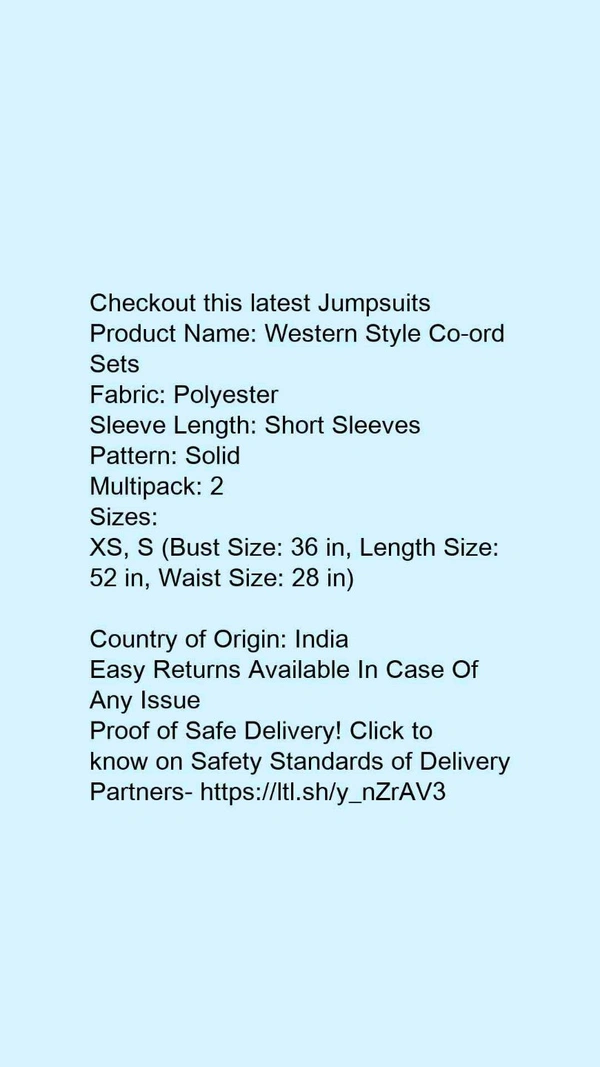 Product Name: *Western Style Co-ord Sets*Fabric: PolyesterSleeve Length: Short SleevesPattern: SolidMultipack: 2 - size- XS