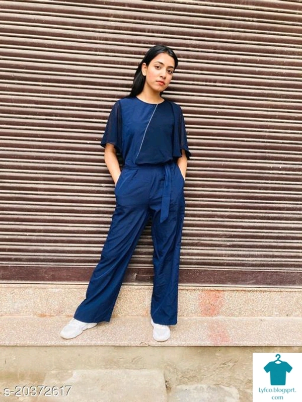 Product Name: *Stylish Partywear Women Jumpsuits*Fabric: CrepeSleeve Length: Three-Quarter SleevesPattern: SolidMultipack: 1 - size- M