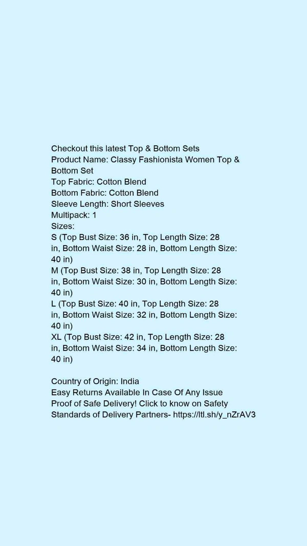 Product Name: *Classy Fashionista Women Top & Bottom Set*Top Fabric: Cotton BlendBottom Fabric: Cotton BlendSleeve Length: Short SleevesMultipack: 1 - size- S
