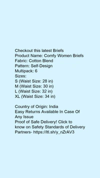 Product Name: *Comfy Women Briefs*Fabric: Cotton BlendPattern: Self-DesignMultipack: 6 - size- S