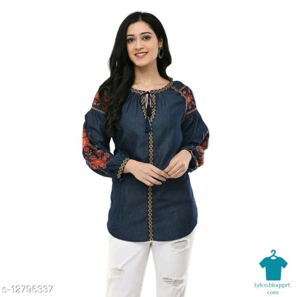 Product Name: *MAAHI Women's Denim Blue Embroidery Casual Top*Fabric: DenimSleeve Length: Three-Quarter SleevesPattern: EmbroideredMultipack: 1 - size- XS