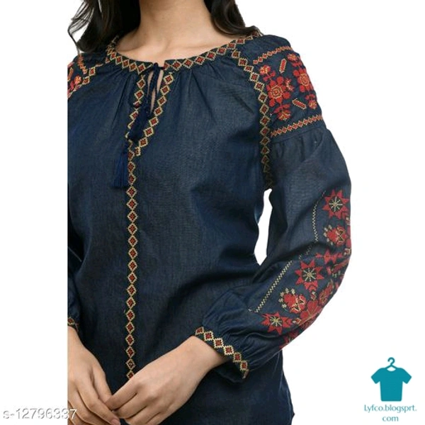 Product Name: *MAAHI Women's Denim Blue Embroidery Casual Top*Fabric: DenimSleeve Length: Three-Quarter SleevesPattern: EmbroideredMultipack: 1 - size- XS