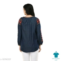 Product Name: *MAAHI Women's Denim Blue Embroidery Casual Top*Fabric: DenimSleeve Length: Three-Quarter SleevesPattern: EmbroideredMultipack: 1 - size- L