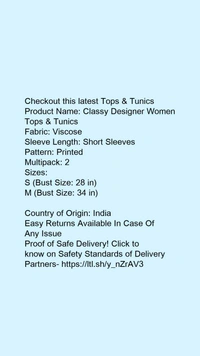 Product Name: *Classy Designer Women Tops & Tunics*Fabric: ViscoseSleeve Length: Short SleevesPattern: PrintedMultipack: 2 - size- S