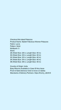 Product Name: *Stylish Fabulous Women Palazzos*Fabric: LycraPattern: SolidMultipack: 3 - size- 36