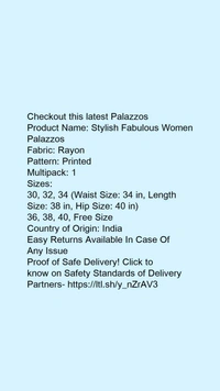 Product Name: *Stylish Fabulous Women Palazzos*Fabric: RayonPattern: PrintedMultipack: 1 - size- 30
